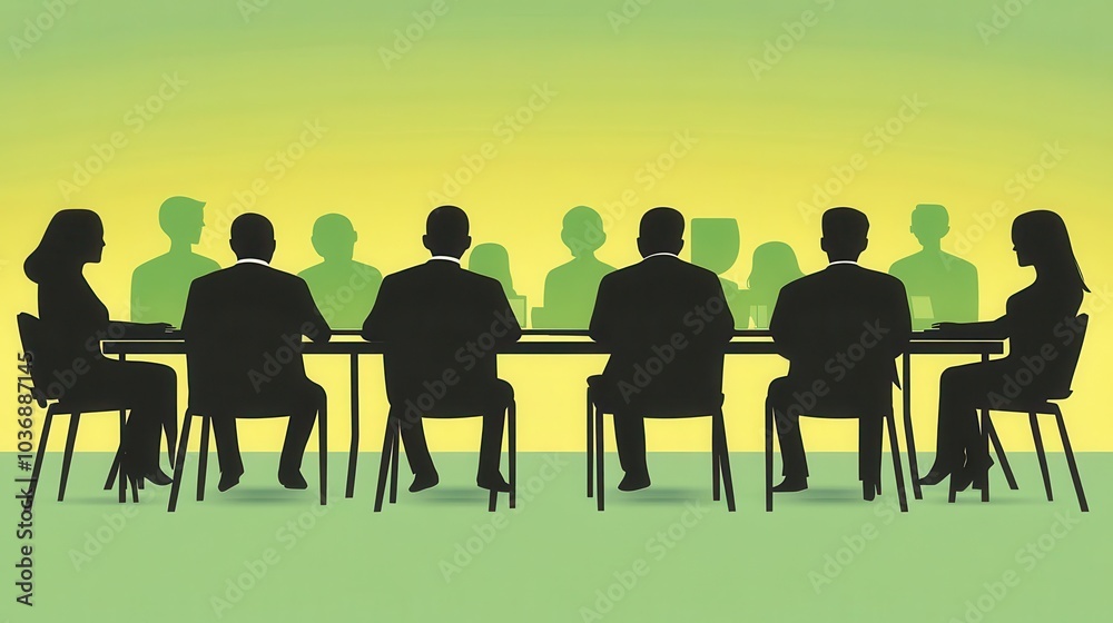 Silhouettes of businesspeople at a meeting table, discussing strategies and ideas in a corporate setting with a vibrant background. Silhouettes of businesspeople at a meeting table, discussing strategies and ideas in a corporate setting with a vibrant background.