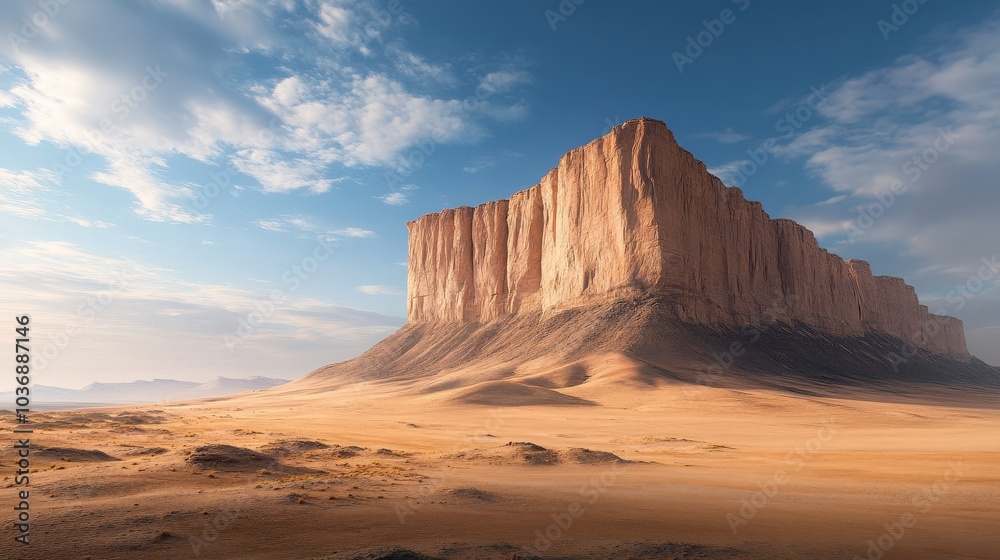 Fototapeta premium Majestic sandstone cliff dominates a vast, sun-drenched desert landscape.