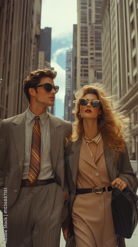 Life in New York City in the 1980s, music days, a fashionable couple walking on Wall Street, moving forward with ease, looking perfect, Life in New York City in the 1980s, music days, a fashionable couple walking on Wall Street, moving forward with ease, looking perfect,