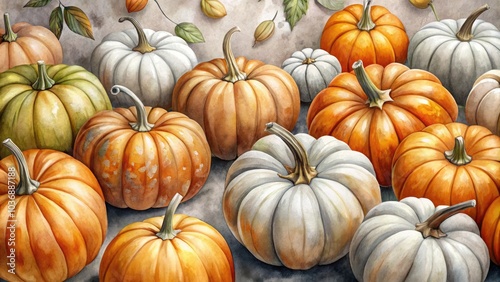 Watercolor pumpkin pattern on a gray backdrop, blending autumnal colors and whimsical designs. Perfect for cozy fall decor, seasonal art, and unique home accents.