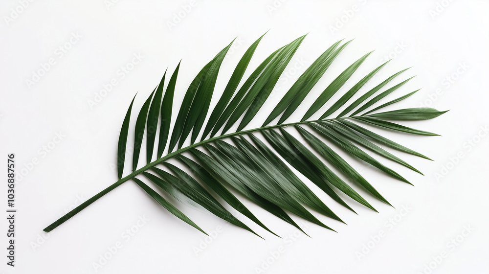 The lush, green palm leaf rests flat against a clean white background, highlighting its elegant structure and the intricate details of each frond. The lush, green palm leaf rests flat against a clean white background, highlighting its elegant structure and the intricate details of each frond.