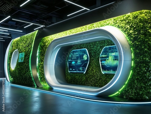 Futuristic Booth with Greenery and Digital Displays