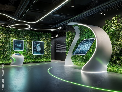 Modern Futuristic Exhibition Booth with Greenery