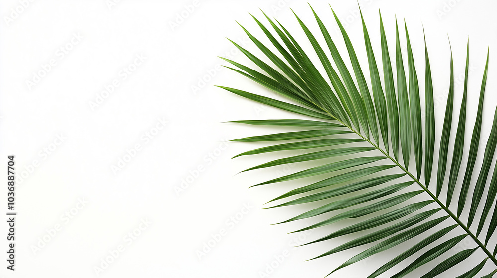 Obraz premium A vibrant palm leaf stretches across the bright white background, showcasing its intricate detail and texture, symbolizing natural beauty and tropical elegance.
