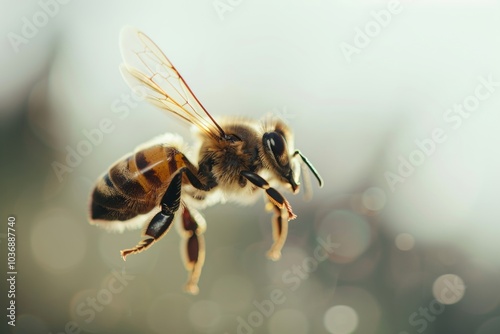 Detailed Macro Image of a Bee Flying on a Soft Focus Background