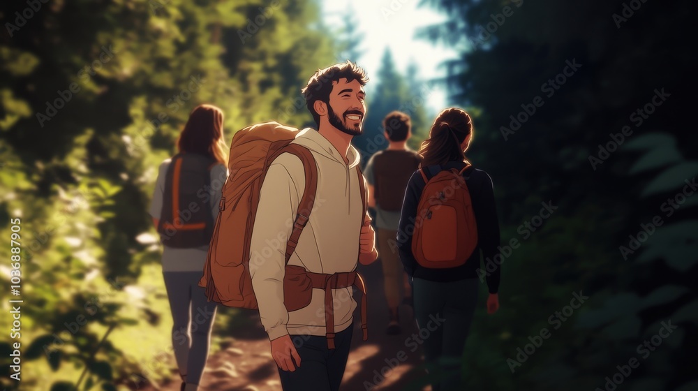 Obraz premium Joyful Friends Hiking Together in Nature