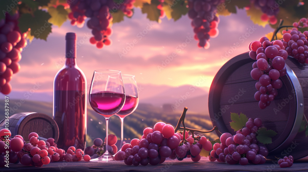 Fototapeta premium Composition showing wine in bottles and barrels, a poured glass surrounded by grapes.