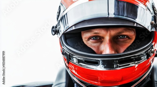 Motorcyclist wearing a helmet Ready to look ahead and have a white background. photo