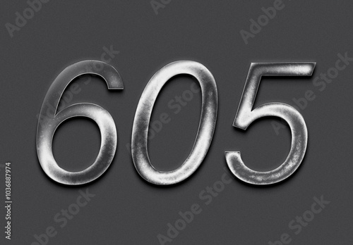 Chrome metal 3D number design of 605 on grey background.