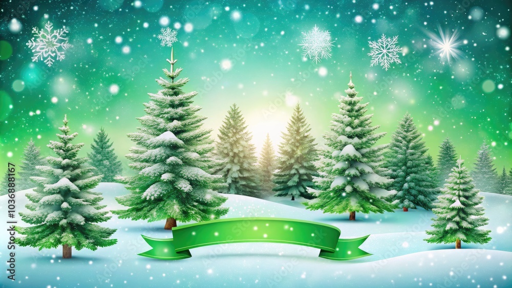 Fototapeta premium Holiday Snowy Scene with Lush Green Banner for Seasonal Promotions, Celebrations, and Festive Decorations, Featuring a Serene Winter Landscape and Ample Copy Space for Messaging