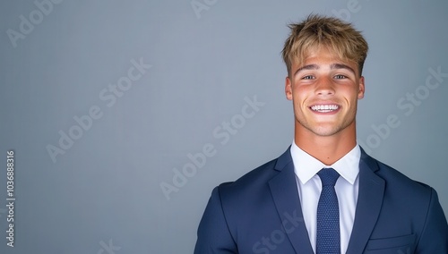 A handsome young man in a suit, smiling with a confident and professional pose against a dark grey background with copy space for text.