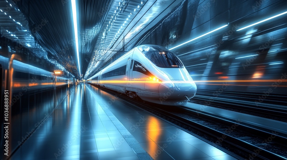 A futuristic train station with sleek, polished metal surfaces and bright lights, as a high-speed train arrives at the platform. A futuristic train station with sleek, polished metal surfaces and bright lights, as a high-speed train arrives at the platform.