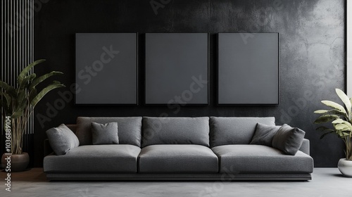 A gallery-style living room with a gray couch set against a black wall featuring three square canvas paintings, showcasing a minimalist yet rich exhibition mockup layout. photo