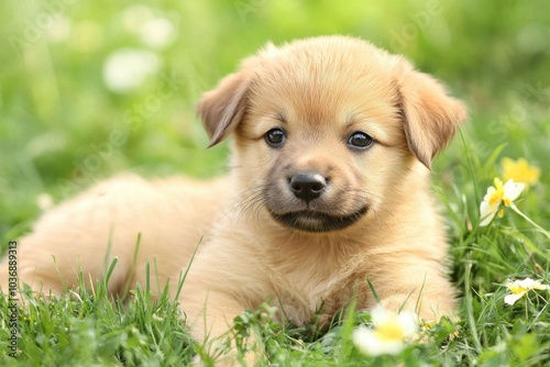 Playful golden puppy relaxing in vibrant green grass on a sunny spring day