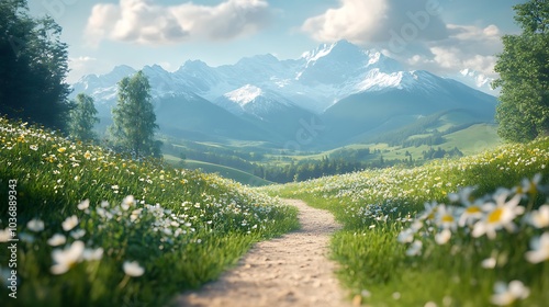 Landscape of green wild flower field with mountains in background