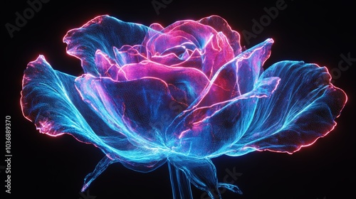 A glowing rose captured in Kirlian photography, with vibrant electric currents outlining each petal, blended seamlessly with intricate laser art patterns. photo