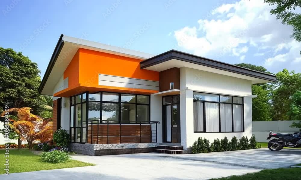 Modern house with orange and white exterior, black windows, and a small yard with green grass. Modern house with orange and white exterior, black windows, and a small yard with green grass.