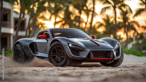 Wallpaper Mural Sleek sports car driving on sandy beach at sunset. Torontodigital.ca