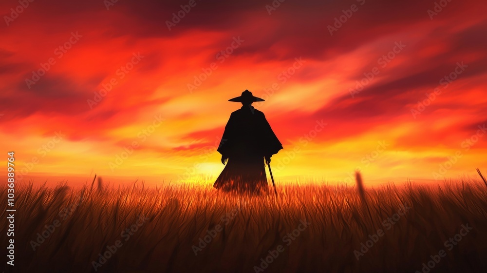 A samurai standing alone in a vast golden wheat field at dusk, the sky ablaze with vibrant orange and pink hues, his silhouette dark against the glowing horizon A samurai standing alone in a vast golden wheat field at dusk, the sky ablaze with vibrant orange and pink hues, his silhouette dark against the glowing horizon