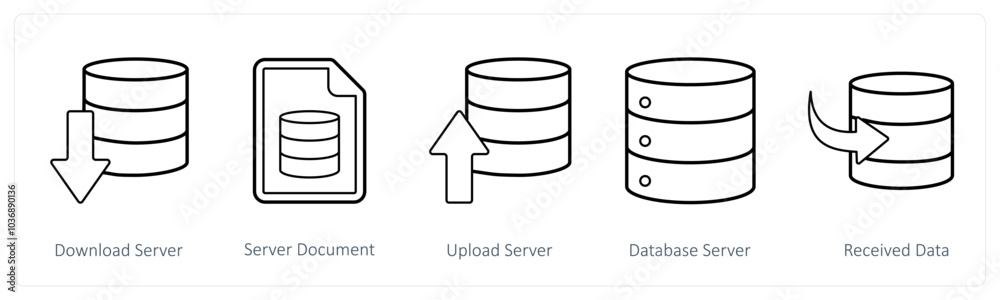 A set of 5 mix icons as download server, server document, upload server A set of 5 mix icons as download server, server document, upload server