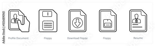A set of 5 mix icons as profile document, floppy, download floppy