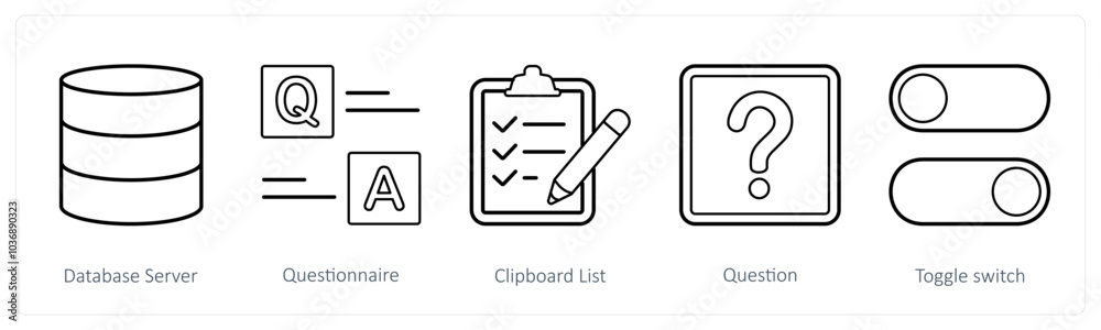 A set of 5 mix icons as database server, questionnaire, clipboard list A set of 5 mix icons as database server, questionnaire, clipboard list