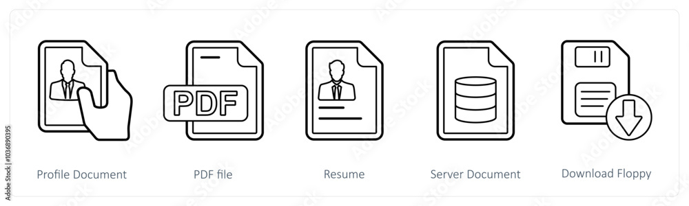 A set of 5 mix icons as profile document, pdf file, resume A set of 5 mix icons as profile document, pdf file, resume