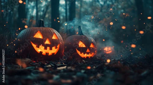 A forest filled with pumpkins with their mouths open and glowing in the dark. Scene is spooky and eerie