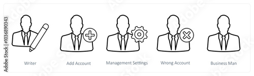 A set of 5 mix icons as writer, add account, management settings