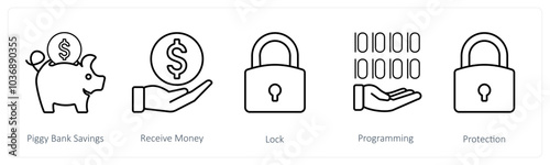 A set of 5 mix icons as piggy bank savings, receive money, lock