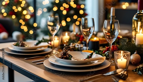 A cozy and elegant holiday dinner setting perfect for festive gatherings with glimmering lights delicious food and warm ambiance ideal for celebrating special moments with loved ones