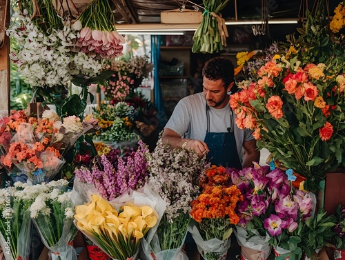 Vibrant Flower Merchant Arranging Colorful Bouquets at Roadside Stall  Showcasing the Beauty and Abundance of Nature s Bounty photo