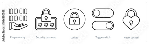 A set of 5 mix icons as programming, security password, locked