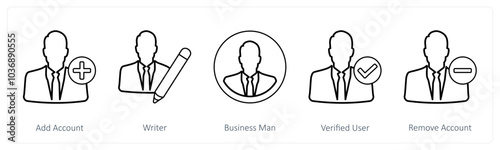 A set of 5 mix icons as add account, writer, businessman