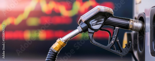 A fuel pump nozzle placed near a gas station, with a background depicting fluctuating fuel prices and market trends.
