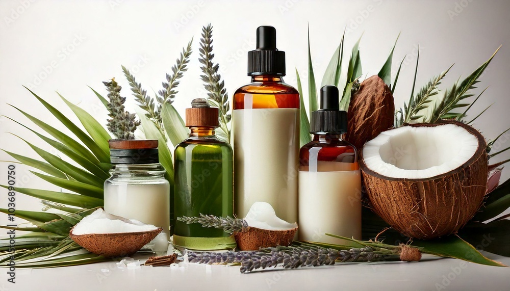 A sophisticated display of natural skincare products arranged on a white background. The collection includes glass bottles of essential oils, jars of handcrafted creams, and tubes of herbal lip balm. A sophisticated display of natural skincare products arranged on a white background. The collection includes glass bottles of essential oils, jars of handcrafted creams, and tubes of herbal lip balm.