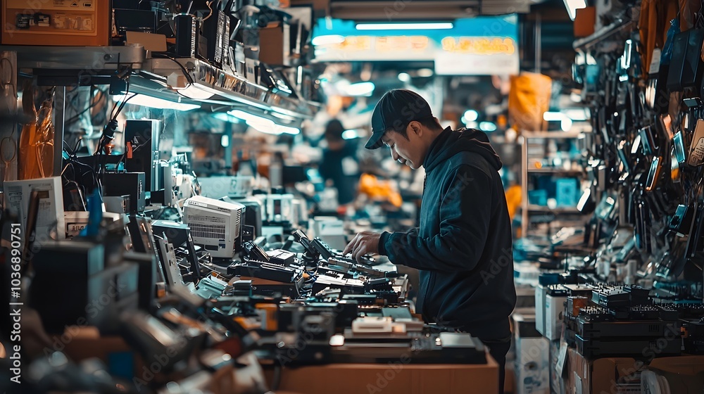 Merchant Serving Customers in Bustling Electronics Marketplace with Gadgets and Devices Merchant Serving Customers in Bustling Electronics Marketplace with Gadgets and Devices