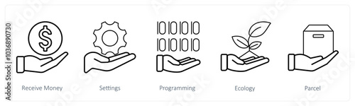 A set of 5 mix icons as receive money, settings, programmingz