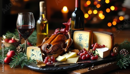 Indulge in the festive feast a lavish display of gourmet cheese roasted duck and elegant wines perfect for celebrating the holiday season photo