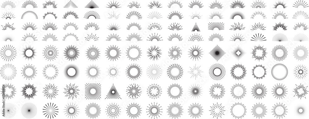 star burst, light ray, sun ray, blast, shine, beam, glow, fire works classic vintage retro set with editable stroke