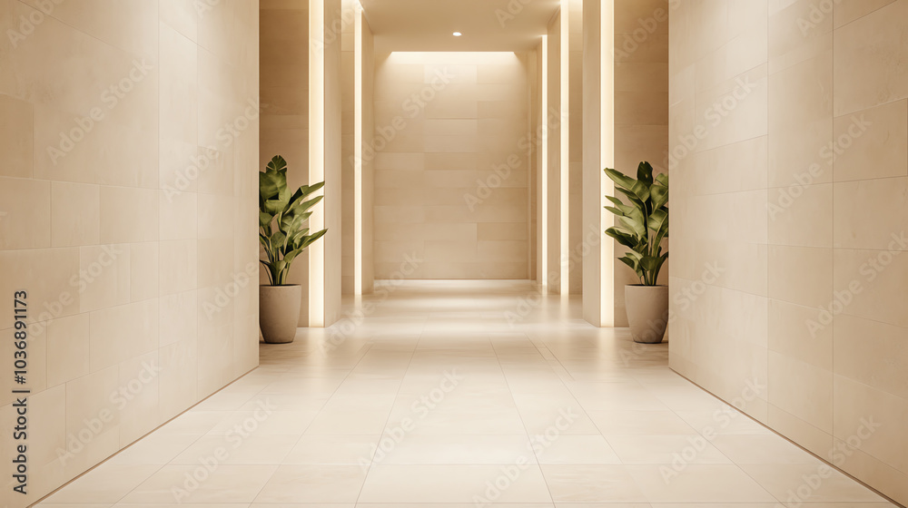 Modern hallway with warm lighting and stylish indoor plants, creating a serene and inviting atmosphere for relaxation and contemplation. Modern hallway with warm lighting and stylish indoor plants, creating a serene and inviting atmosphere for relaxation and contemplation.