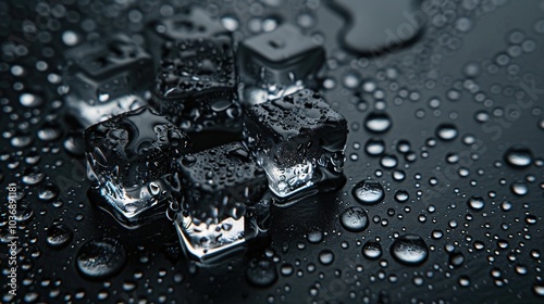 Macro shot of melting ice cubes with water droplets, close-up of refreshing coolness