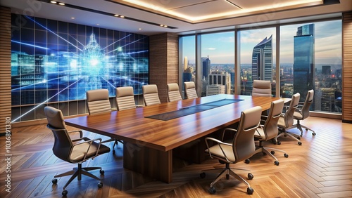 Modern empty conference room with sleek wooden table, high-tech screens, and comfortable chairs, surrounded by blurred cityscape, ready for a virtual gathering. photo