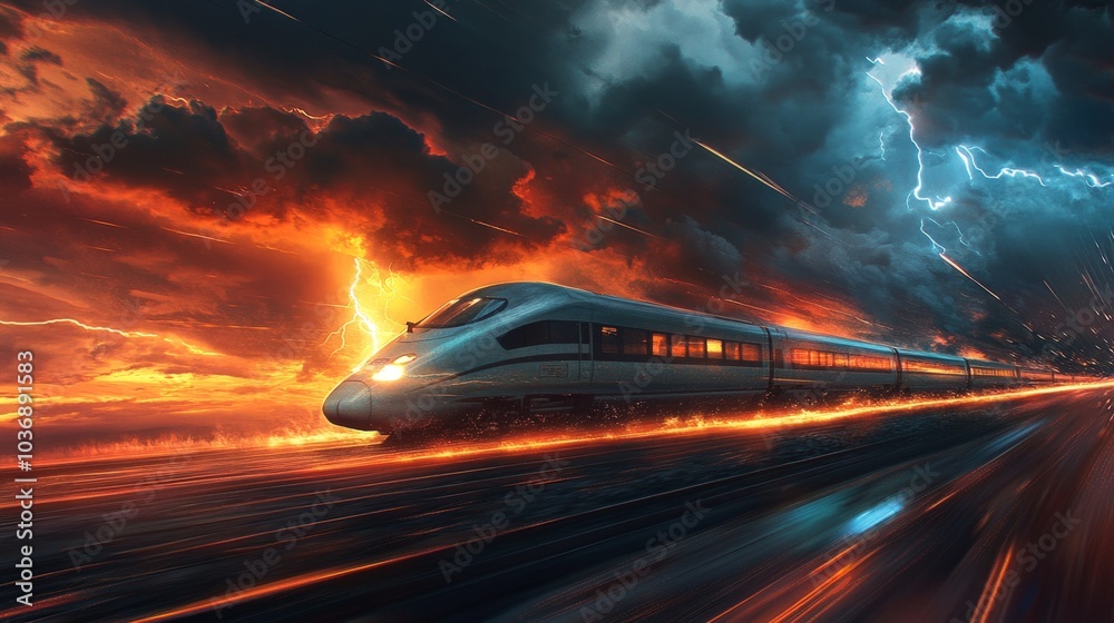A high-speed train cutting through a stormy landscape, with dark clouds above and streaks of lightning illuminating the horizon. A high-speed train cutting through a stormy landscape, with dark clouds above and streaks of lightning illuminating the horizon.