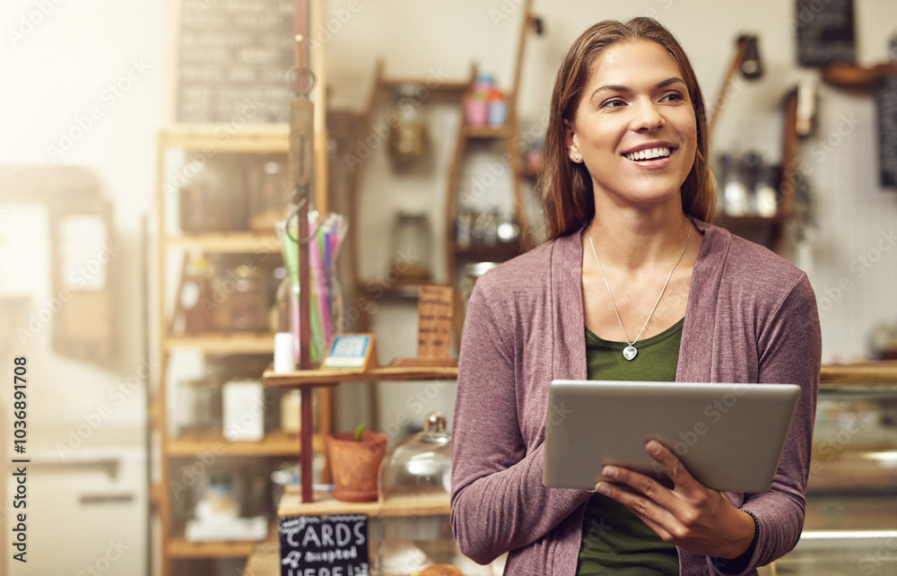 Fototapeta premium Thinking, typing and woman in cafe tablet and internet with connection, online reading and tech. Person, entrepreneur and employee with business owner, digital app for invoice and email notification