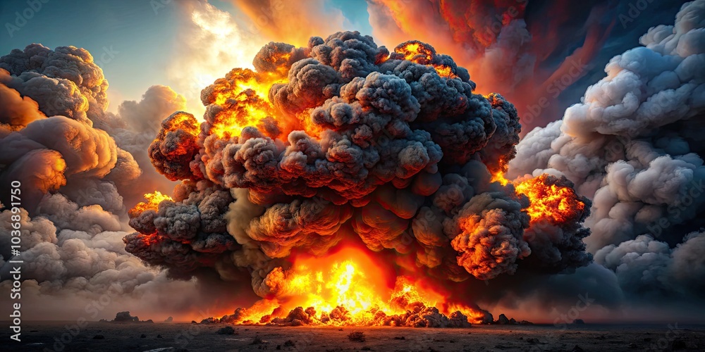 Massive Fireball Explosion in a Dramatic Sky with Thick Black Smoke, Capturing the Intensity of a Catastrophic Event, Ideal for Disaster Response, Massive Fireball Explosion in a Dramatic Sky with Thick Black Smoke, Capturing the Intensity of a Catastrophic Event, Ideal for Disaster Response,