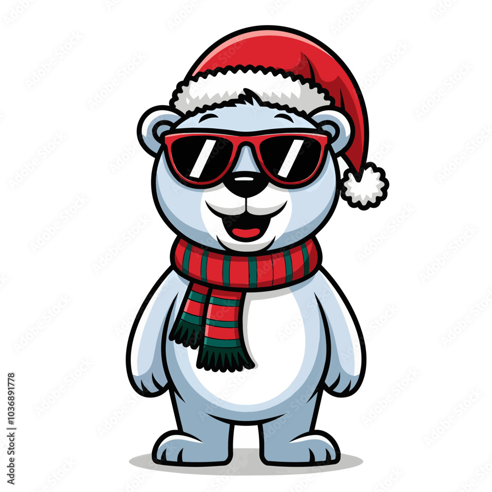 A cartoon illustration of a cheerful polar bear with a red Santa hat, a red and green scarf, and red sunglasses A cartoon illustration of a cheerful polar bear with a red Santa hat, a red and green scarf, and red sunglasses