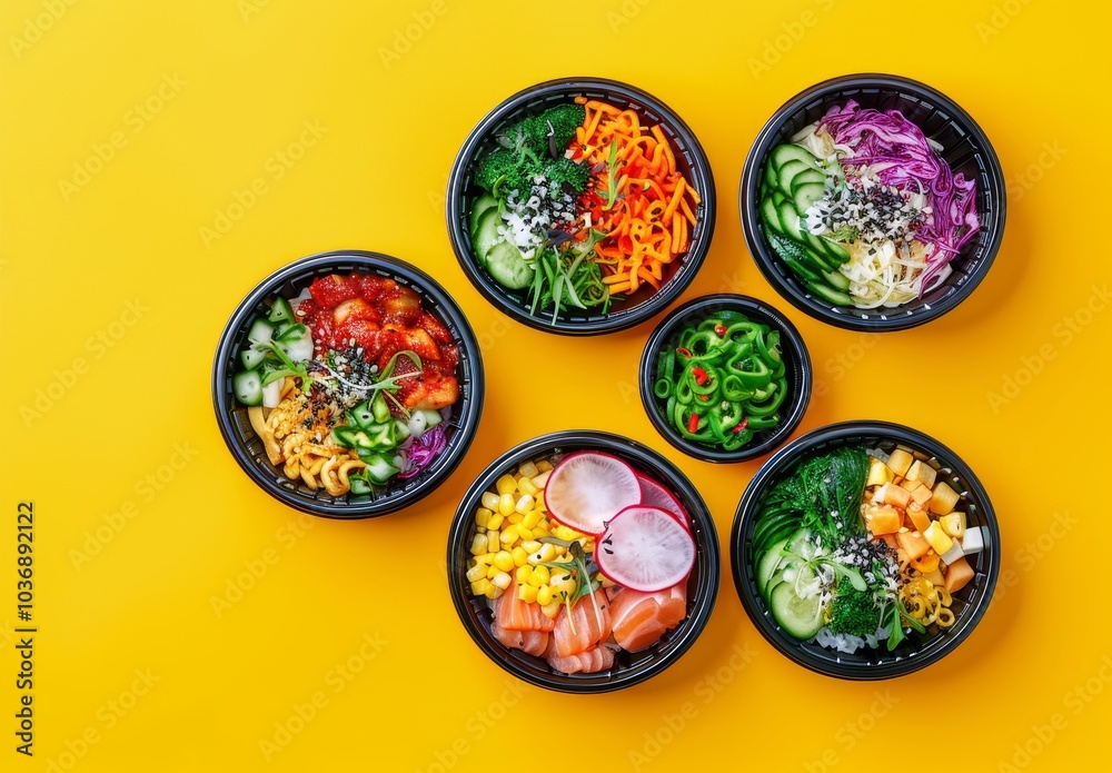 Five Lunch Bowls Featuring Diverse Healthy Foods in Black Cups. Five Lunch Bowls Featuring Diverse Healthy Foods in Black Cups.