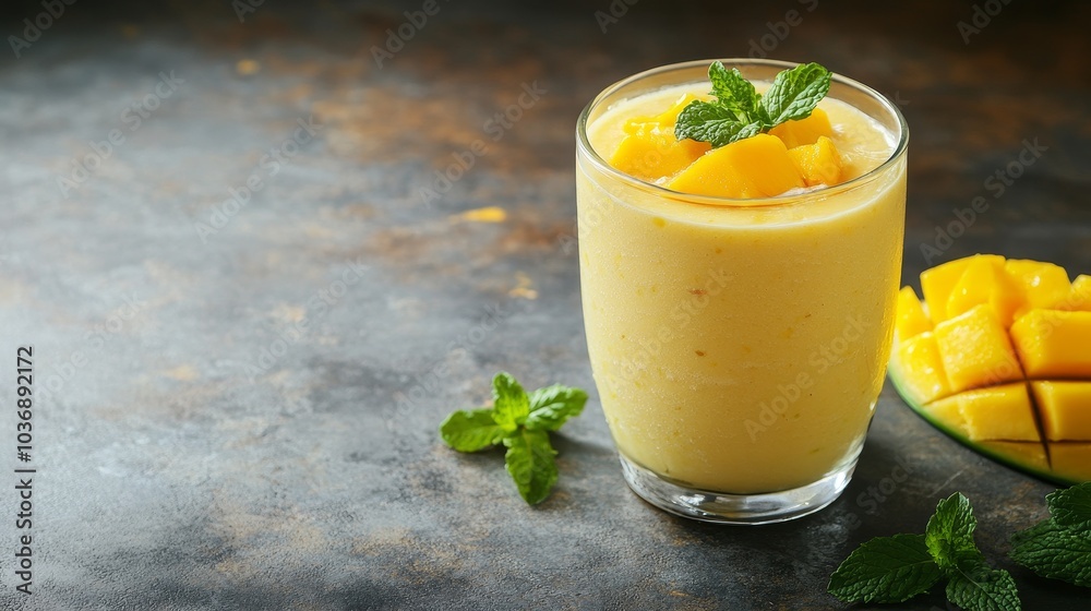 A chilled glass of mango lassi garnished with fresh mint leaves on a textured background, offering a refreshing taste of India. Copy space A chilled glass of mango lassi garnished with fresh mint leaves on a textured background, offering a refreshing taste of India. Copy space
