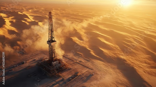 A majestic oil derrick standing tall in the heart of an expansive desert